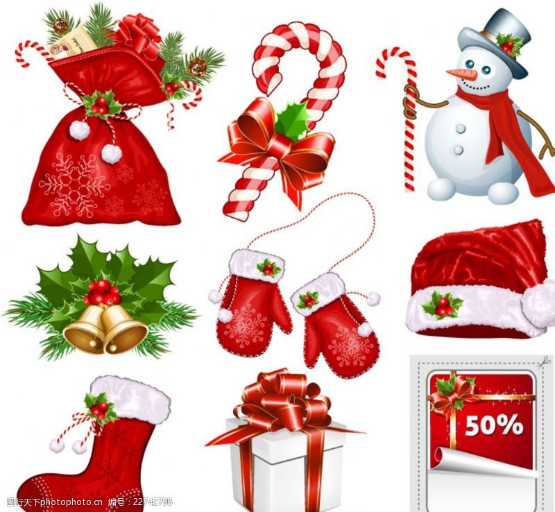 圣诞铃铛红色圣诞素材手套圣诞帽