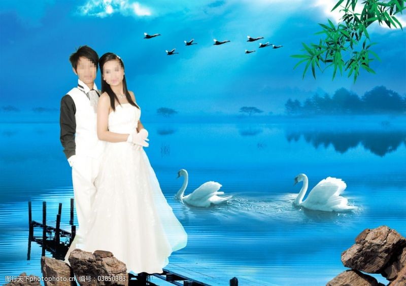 蓝色仙境免费下载婚纱模板仙境山水画自然风景海景湖天鹅