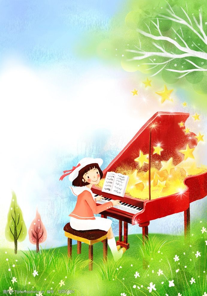 时尚卡通女人手绘弹钢琴的女孩风景插画图片