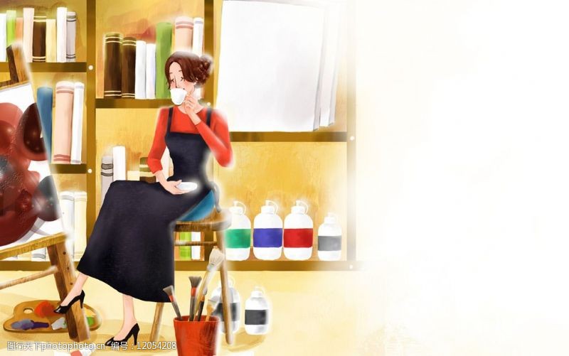 时尚卡通女人手绘喝咖啡的女孩画家插画图片