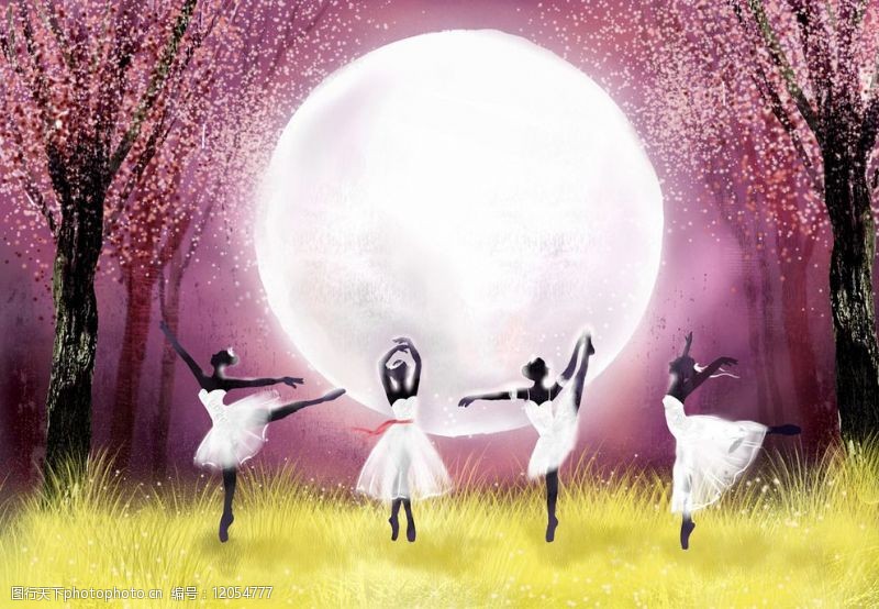 时尚卡通女人月光下跳舞的女孩风景插画图片