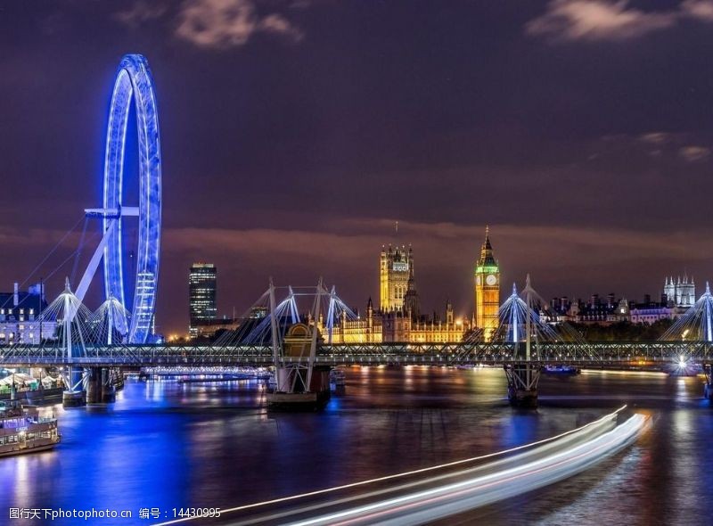 建筑夜景外观伦敦泰晤士河美丽夜景图片