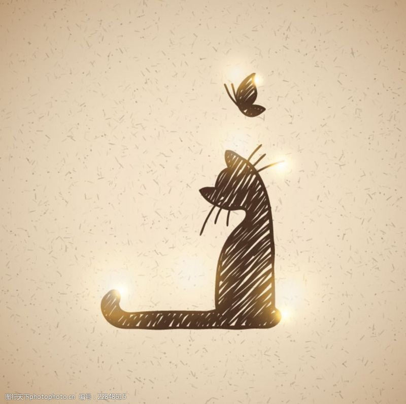蝴蝶插画手绘猫咪与蝴蝶矢量素材