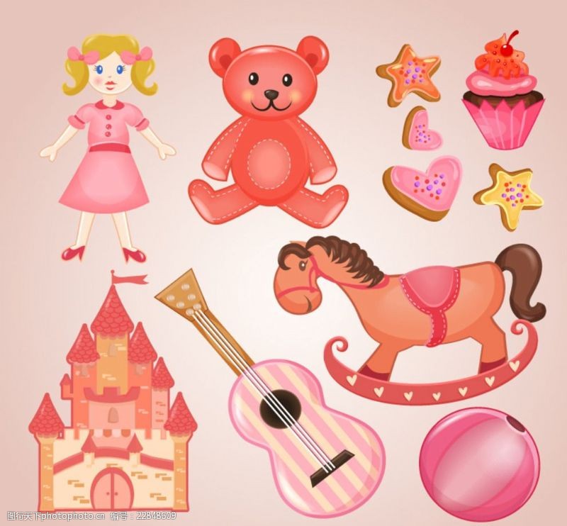 粉色房子粉色系玩具和甜点矢量素材