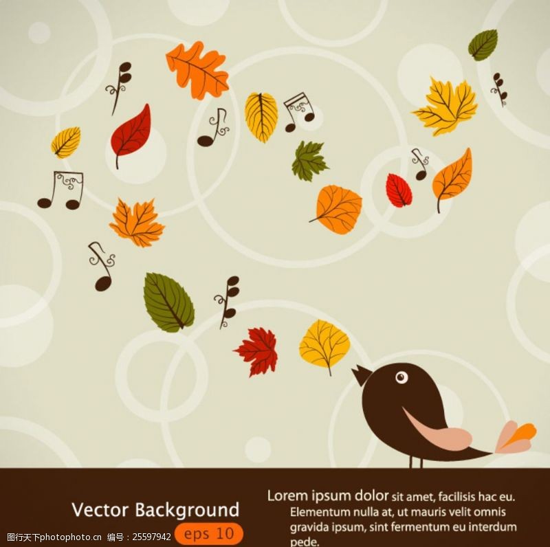 音符童趣秋叶与小鸟矢量素材