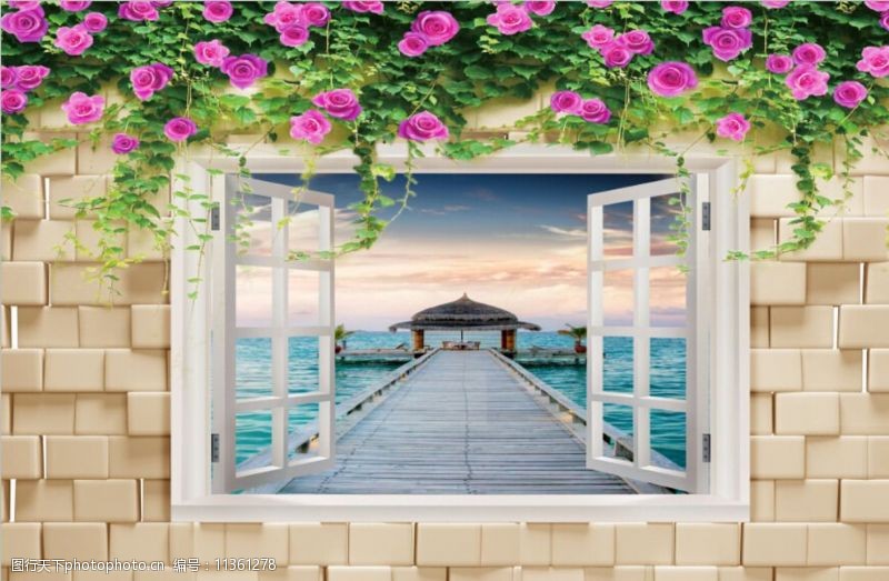 海景窗户紫玫瑰花藤砖墙图片