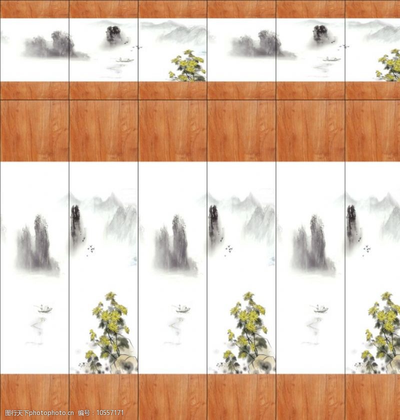 中国矢量建筑山水菊花彩绘衣柜图图片