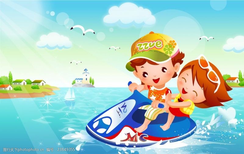 水上娱乐卡通儿童快艇矢量素材