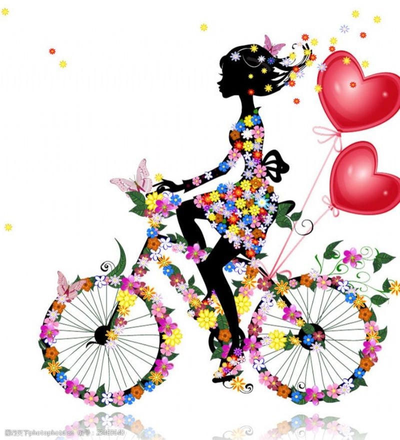 骑自行车浪漫花卉美女剪影矢量素材