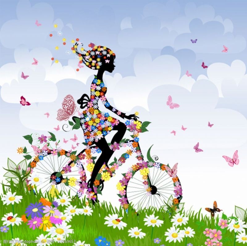 骑自行车炫彩春季女子剪影矢量素材