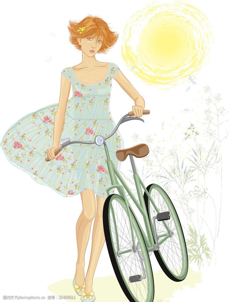 骑自行车夏日清丽短发女郎矢量素材