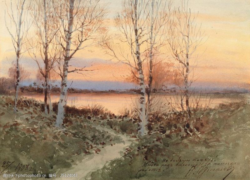 湖边风景湖边夕阳美景油画
