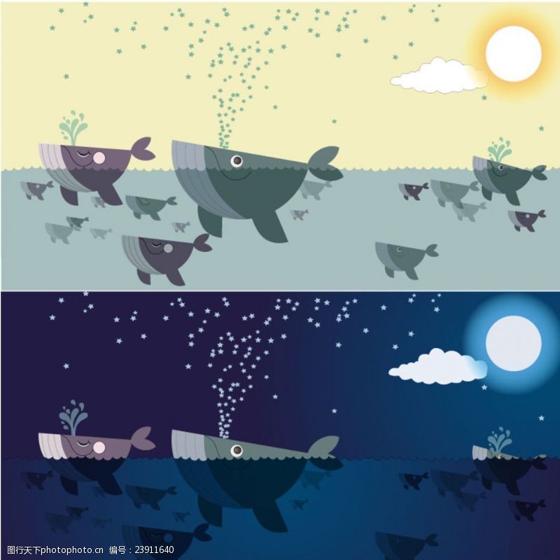 大海鲸鱼鲸鱼的昼与夜插画矢量素材