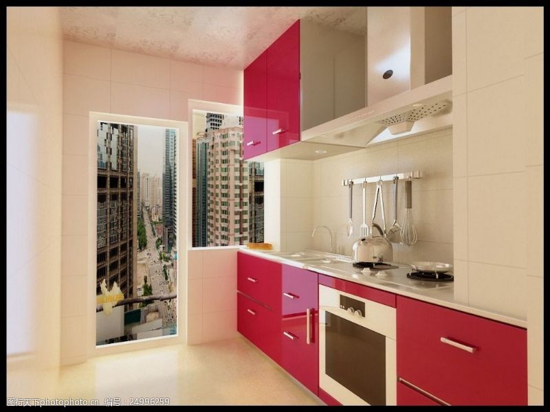 家具模型红色厨房橱柜模型
