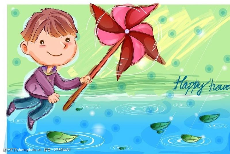 韩风卡通梦幻背景拿着风车的小男孩插画