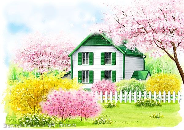 花园中万花丛中小房子插画设计psd素材下载