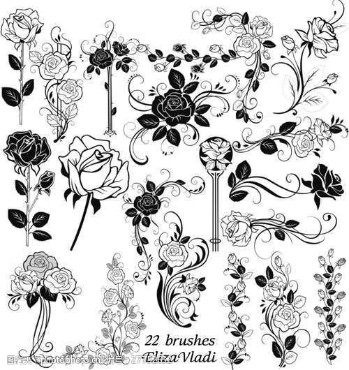 22种漂亮的手绘玫瑰鲜花植物花纹PS笔刷下载