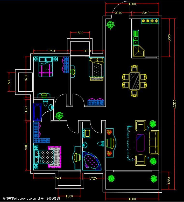 三房一厅CAD室内布局平面户型设计图三室一厅
