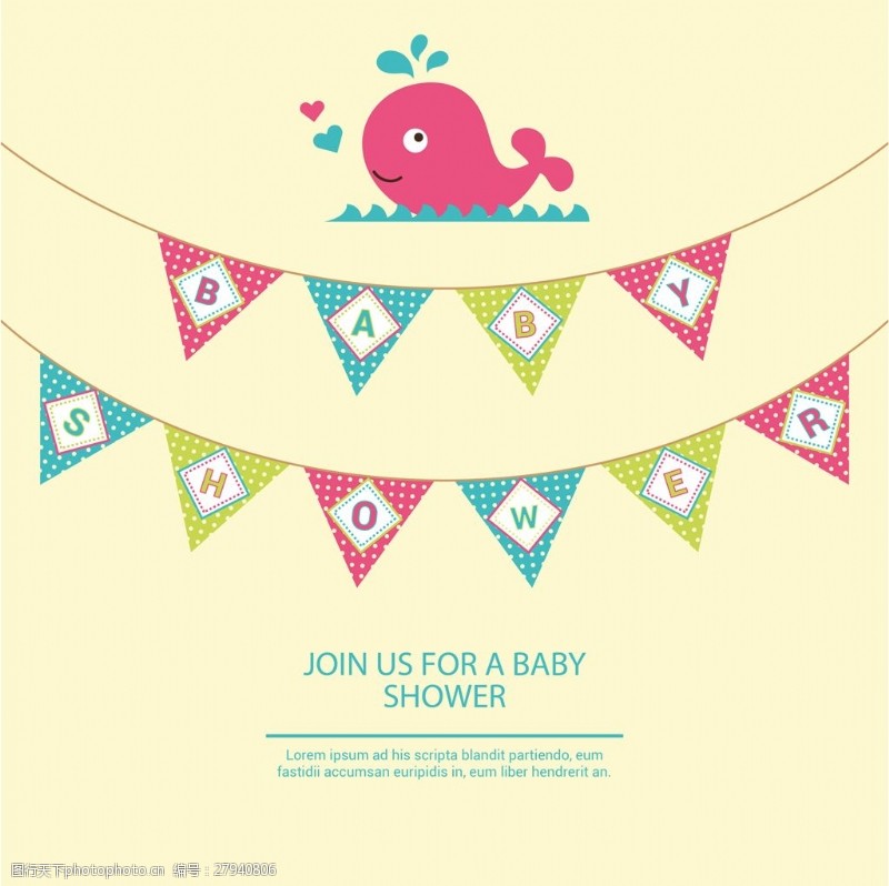 三角拉旗卡通鲸鱼迎婴聚会海报矢量图