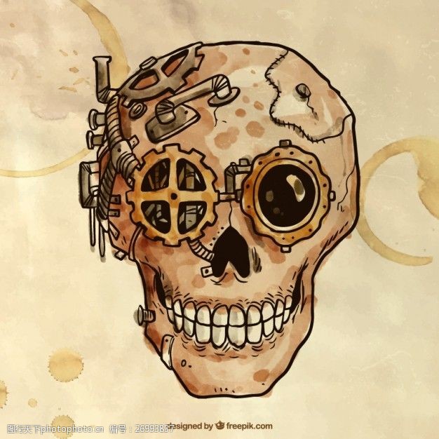 金属的手手绘的蒸汽朋克的头盖骨