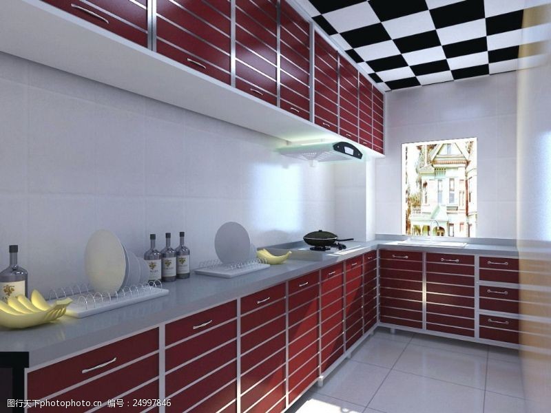 家具模型红色厨房橱柜模型
