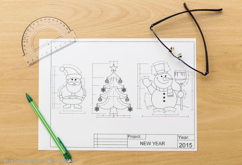 木板上的眼镜木板上的圣诞元素手绘