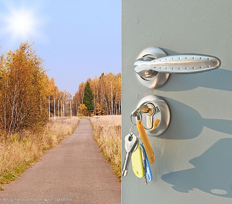 钥匙开锁秋天马路风景与门钥匙