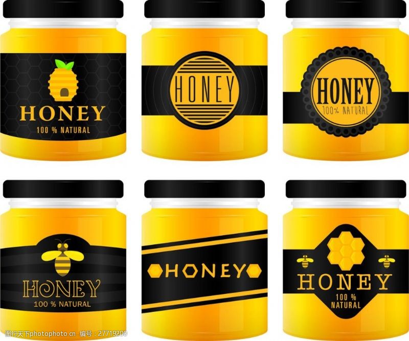 蜜蜂和蜂蜜标签蜂蜜罐子矢量和标签样机