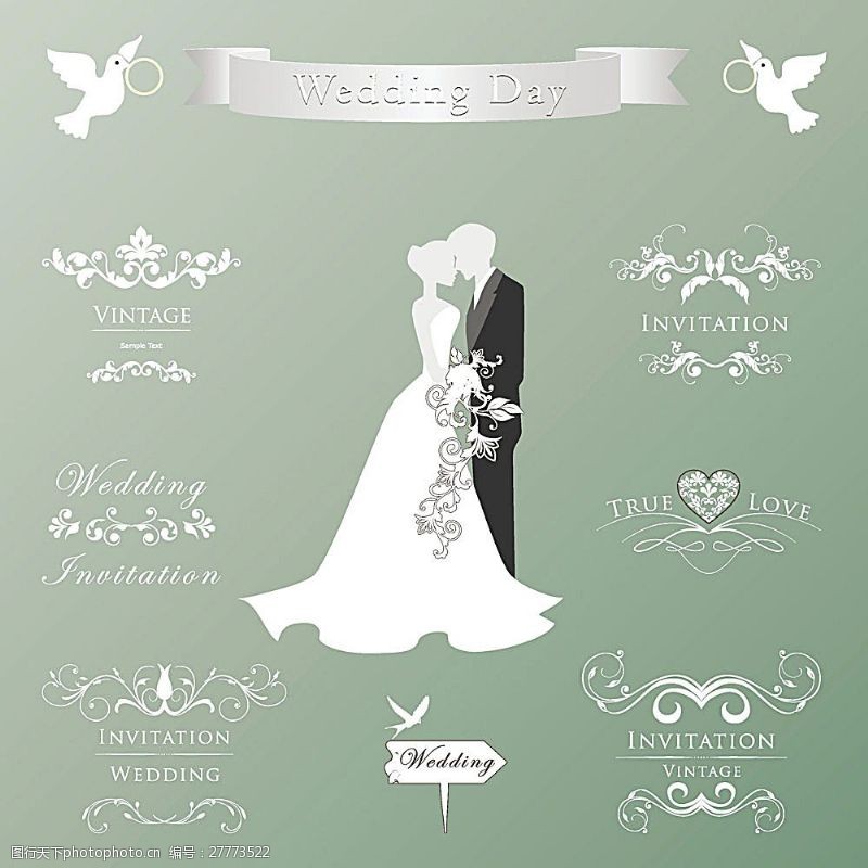 鸽子情侣与婚礼装饰花纹