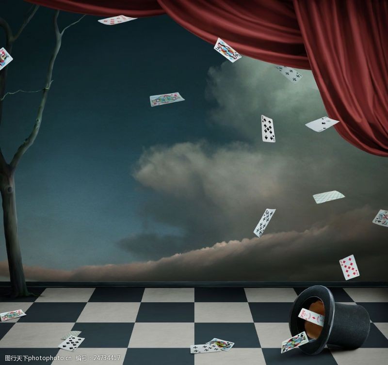 黑帽子飞舞的魔术扑克牌影楼摄影背景图片