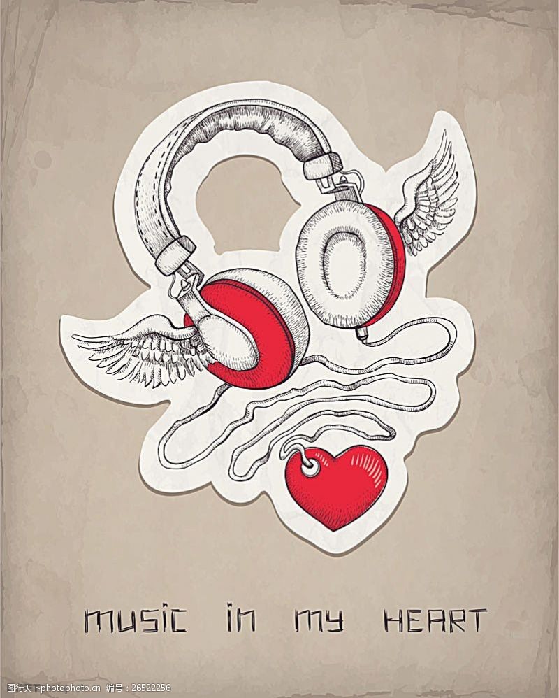 音乐翅膀手绘耳机与爱心