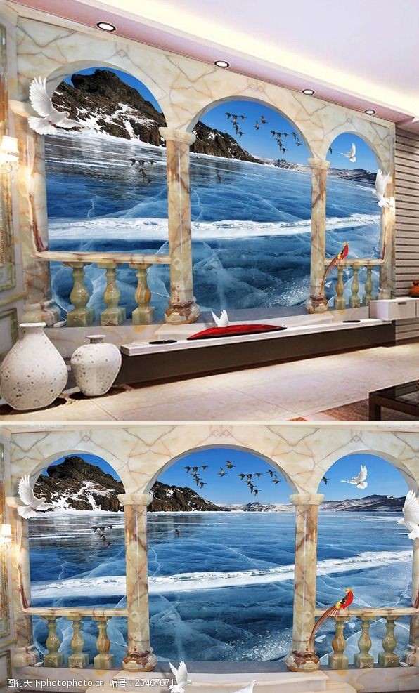 客厅装饰画无框画冰湖风光背景墙