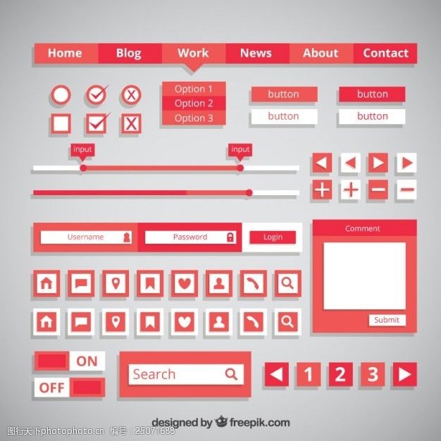 红色的按钮平面设计中的红色按钮和元素
