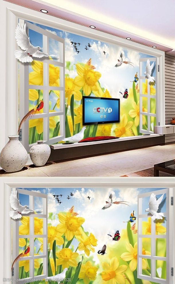 窗户图案3D窗外花卉背景墙