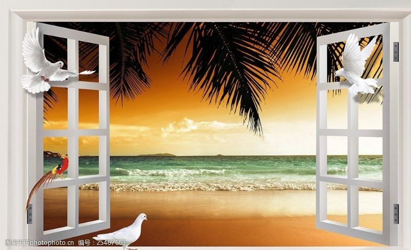 窗户图案窗外海滩黄昏美景背景墙