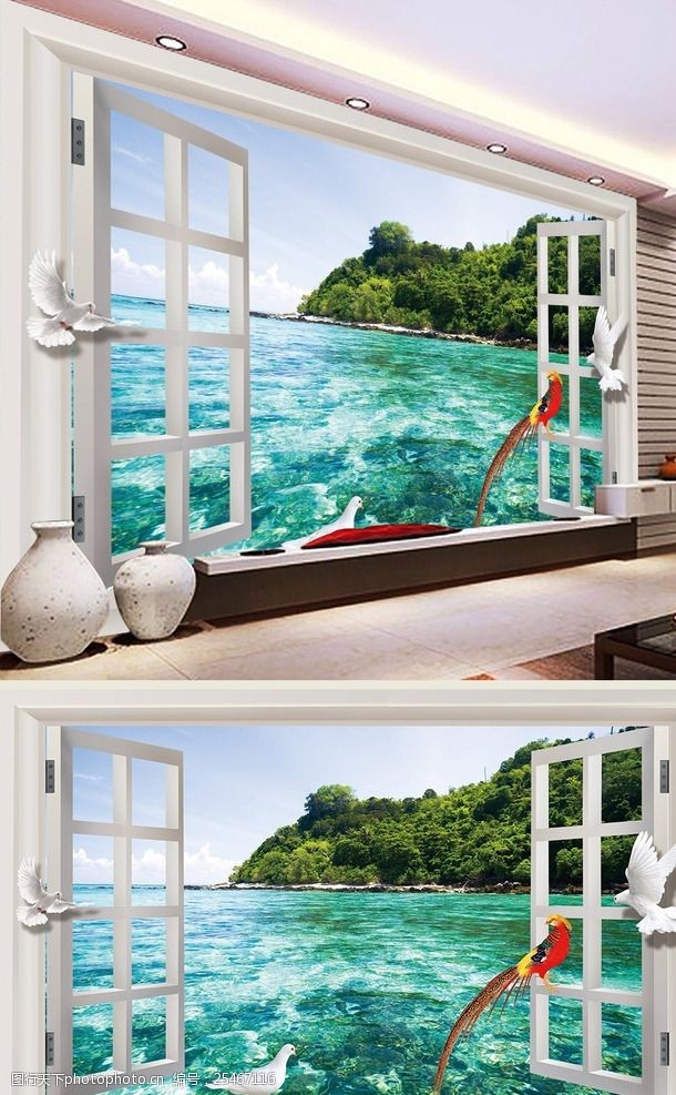 窗户图案窗外海洋碧波景色背景墙