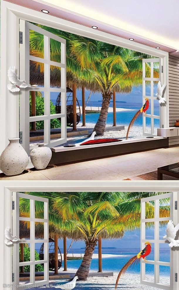 窗户图案热带风情背景墙