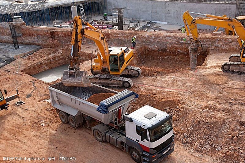 建筑工地正在挖地基的挖掘机