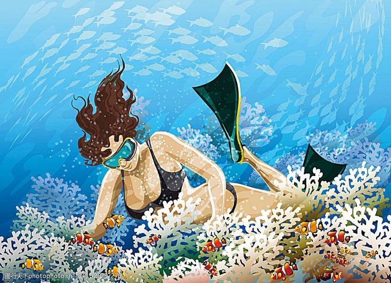 卡通运动员正在海底潜水的性感美女