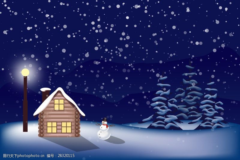 圣诞节风景卡通雪夜插画矢量素材