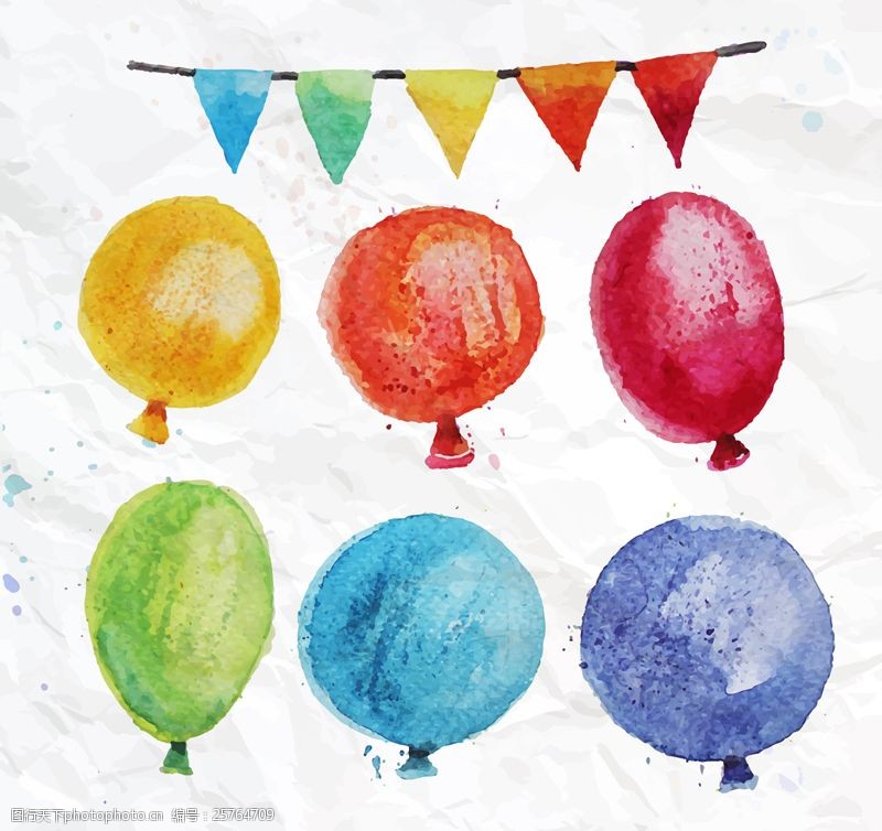 三角拉旗6款彩色水彩气球矢量素材