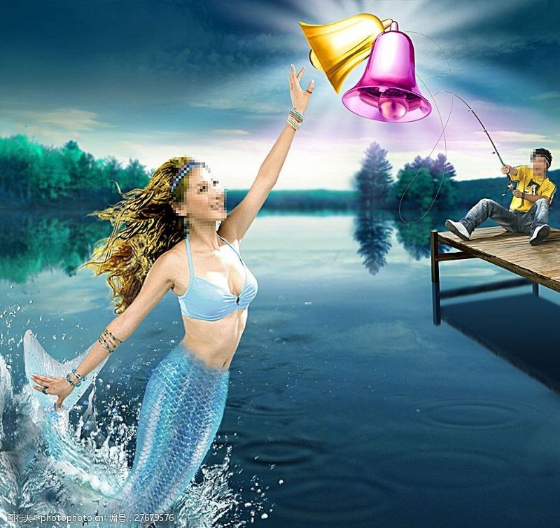 蓝色海洋美女广告钓美人鱼创意海报图片