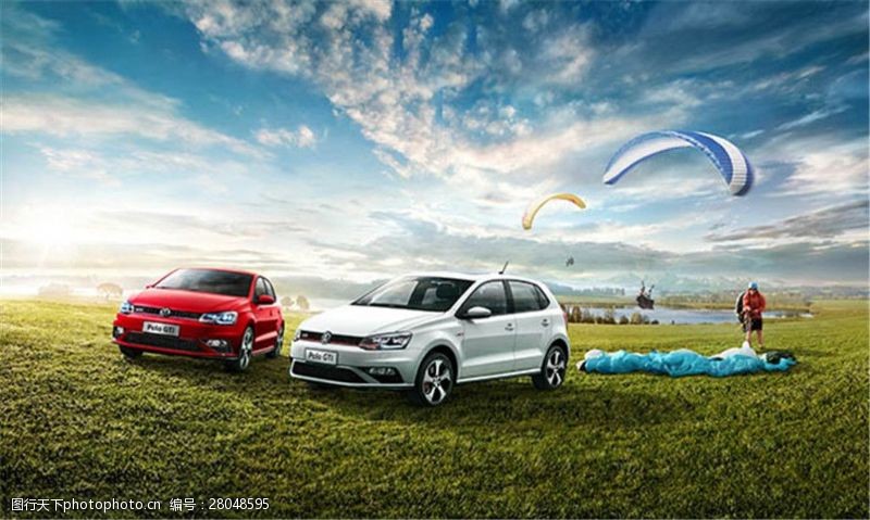 汽车海报素材下载大众polo汽车时尚滑翔伞宣传广告海报设计psd素材下载