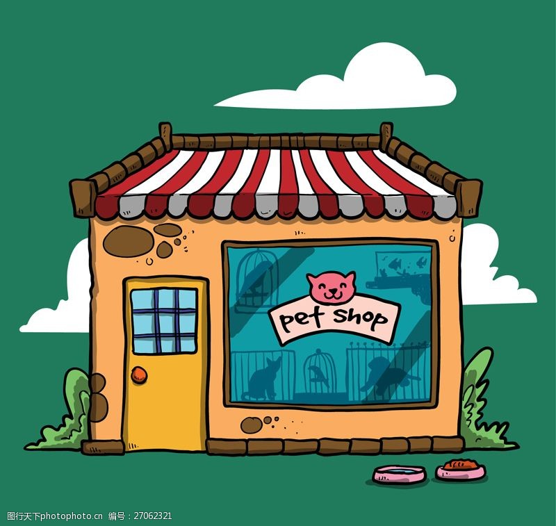 宠物店橱窗卡通宠物商店设计矢量素材