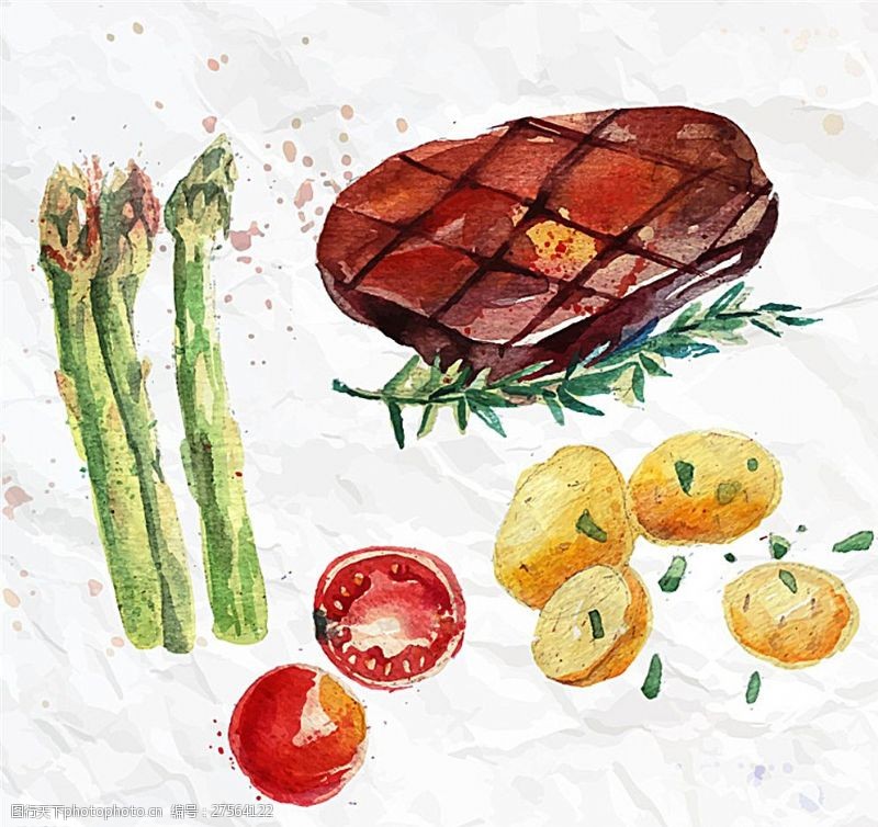 西餐牛排美味煎牛排水彩画矢量素材图片