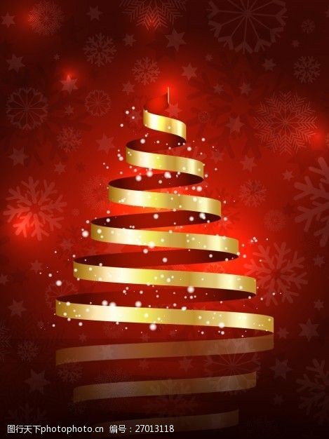 金色的丝带圣诞树上的红色背景虚化背景
