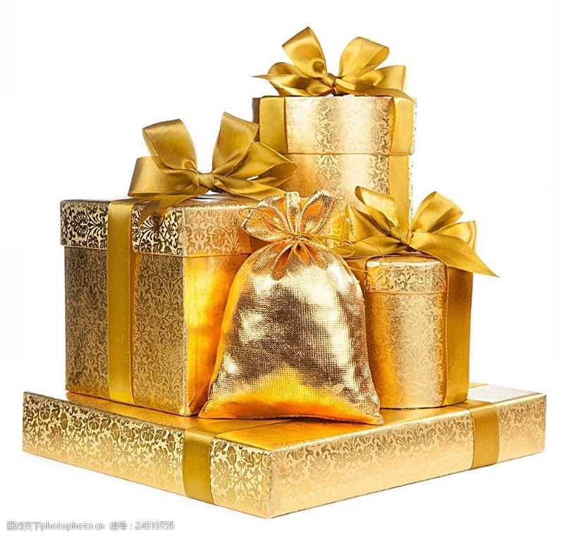 节日礼品金色礼物盒和礼品袋