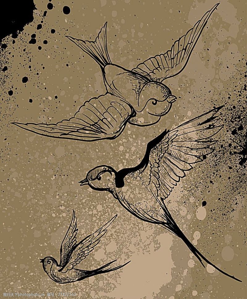 鸟插画墨迹喷溅与燕子插画