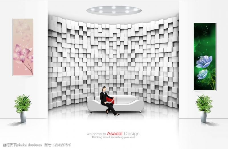 凹凸概念3D墙与坐在沙发上的人物PSD