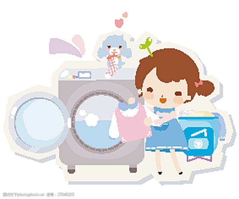 白色的洗衣机准备洗衣服的女孩